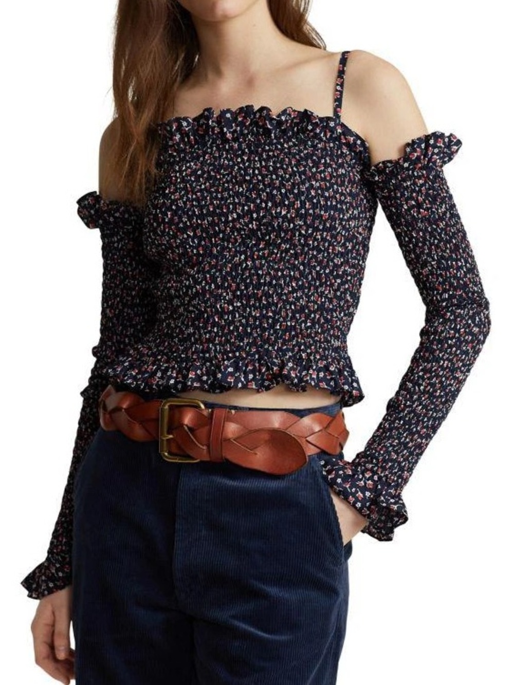 NEW POLO Ralph Lauren Kezia Floral Floral Smocked Crop Top in Navy Red White